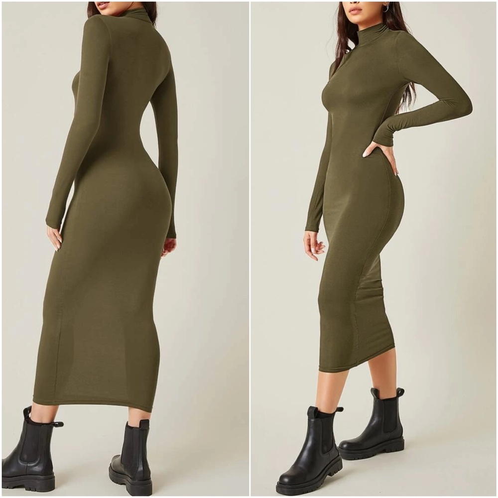 Army Green mock neck fitted midi dress Party - Picture 8 of 8
